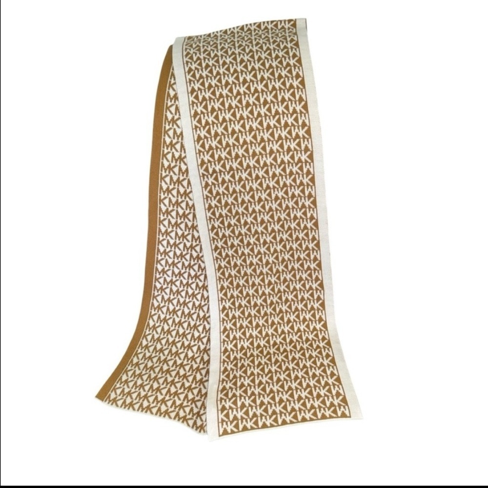 Michael Kors MK Logo Knit Scarf Camel Brown Cream Acrylic Winter Designer Wrap